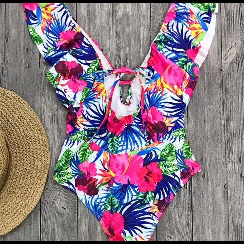 Ruffle Shoulder Floral Print Monokini